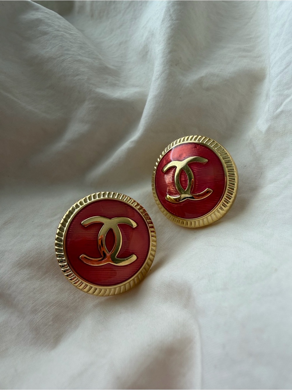 CHANEL Gold-Tone CC Pinkish Red Enamel Earrings - Picture 13 of 14